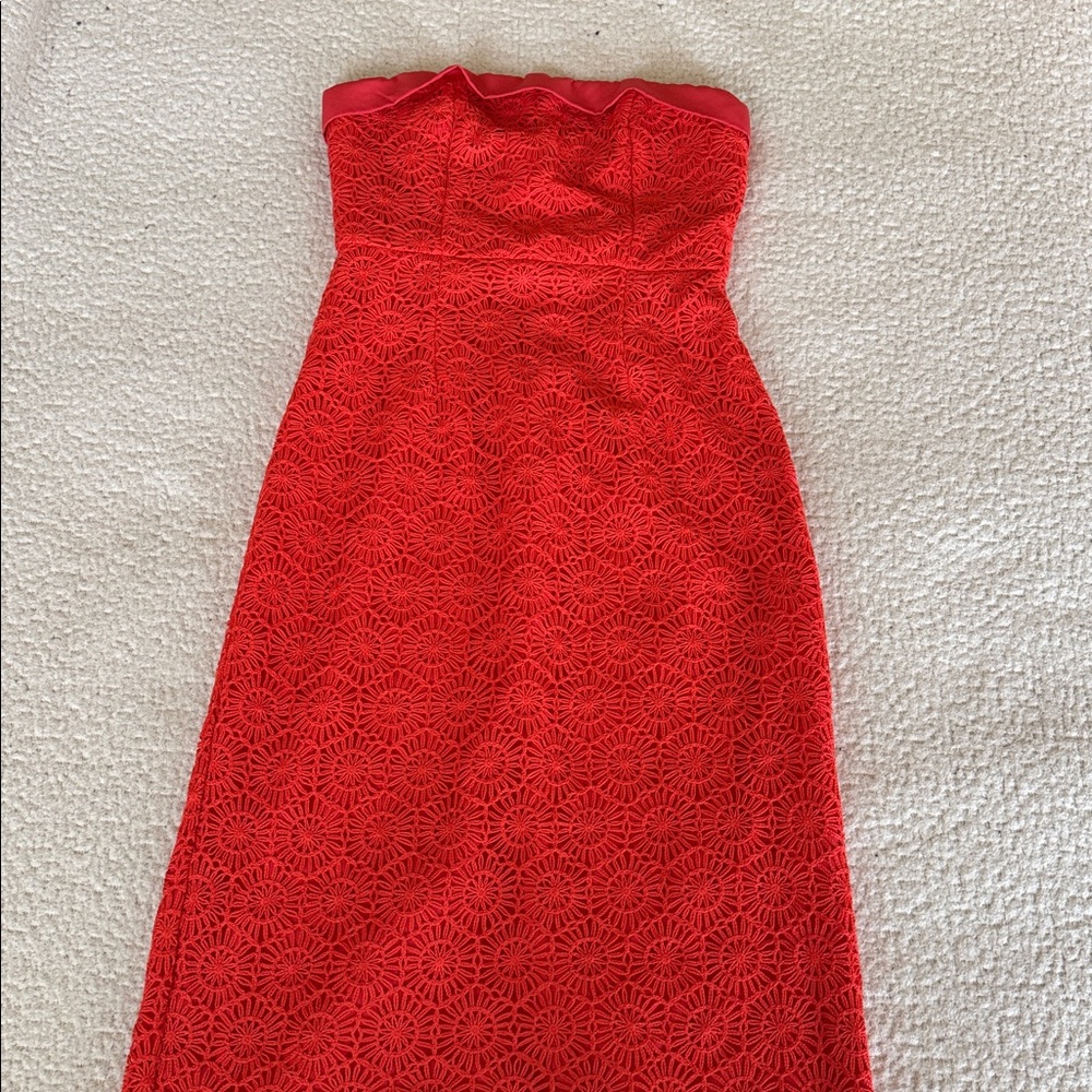 Chic Intent Bright Red Crochet Textured Strapless Midi Dress